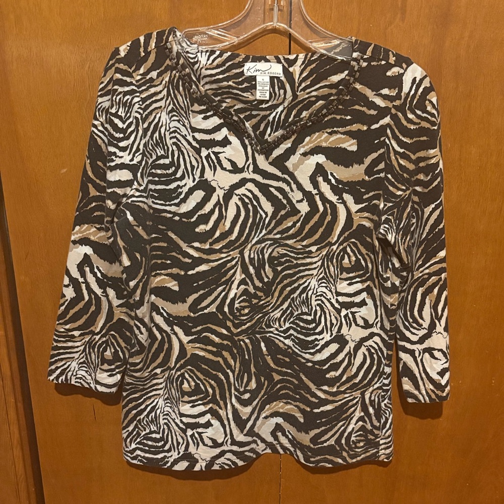Kim Rogers Brown and Ivory Animal Print  V-Neck Top